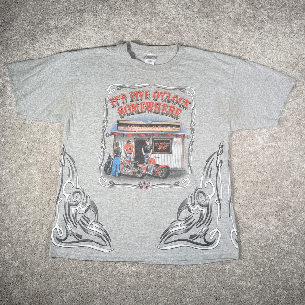 It's Five O'Clock Somewhere Biker Bar Tribal Graphic‎ T-Shirt Men's XL Gray